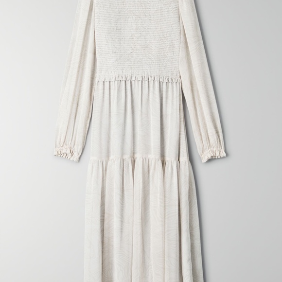 Aritzia Wilfred Rosalyn Midi Dress Smocked Chiffon Birch / Beige - Picture 3 of 8